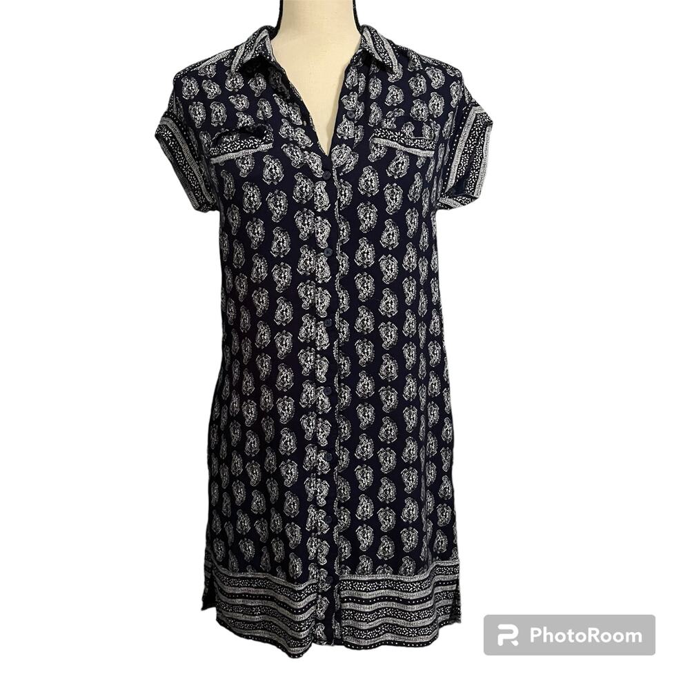 Lucky Brand Women's Blue White Graphic Shirt Dress Sz XS Festival Boho Casual
